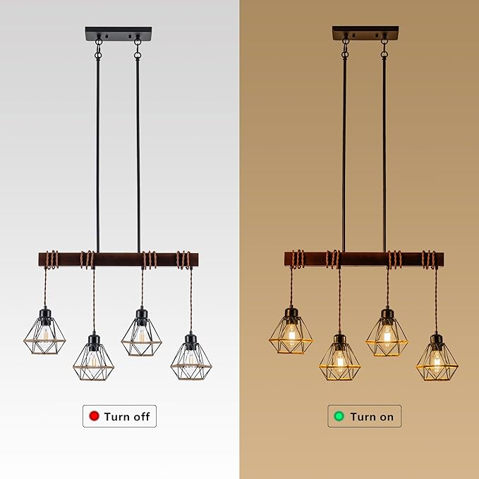 4 Light Kitchen Island Lighting, Farmhouse Chandeliers for Dining Room Light Fixtures Over Table, Modern Wood Pendant Lights Kitchen Island with Metal Lampshade