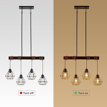 4 Light Kitchen Island Lighting, Farmhouse Chandeliers for Dining Room Light Fixtures Over Table, Modern Wood Pendant Lights Kitchen Island with Metal Lampshade