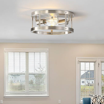 Close to Ceiling Light Fixtures, 2-Light Brushed Nickle Semi Flush Mount Ceiling Light, 11 Inch Modern Indoor House Kitchen Round Ceiling Lights for Bedroom Foyer Hallway, Easy Assembled