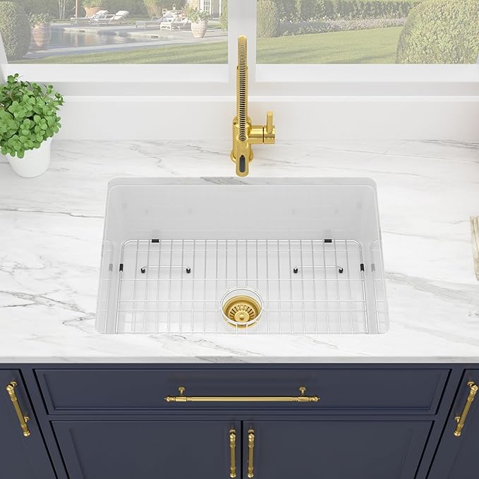 Kichae 27 Inch White Undermount Sink Fireclay 27x19 Inch Dual Drop in & Undermount Kitchen Sink Single Bowl Deep Porcelain Ceramic