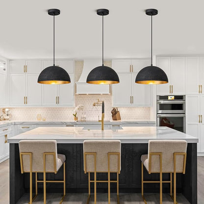 Farmhouse Pendant Light,11.8" Black with Gold Grain Industrial Dome Chandelier,Adjustable Vintage Pendant Lights Kitchen Island for Dining Room,Bedroom,Hallway
