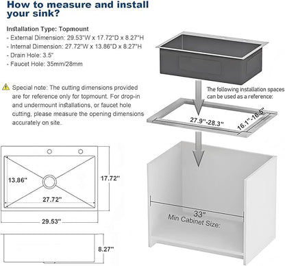 30-inch Single Bowl Workstation Kitchen Sink, Drop-in/Top-Mount Stainless Steel with Nano Coating & Basket Strainer, 30"x18"
