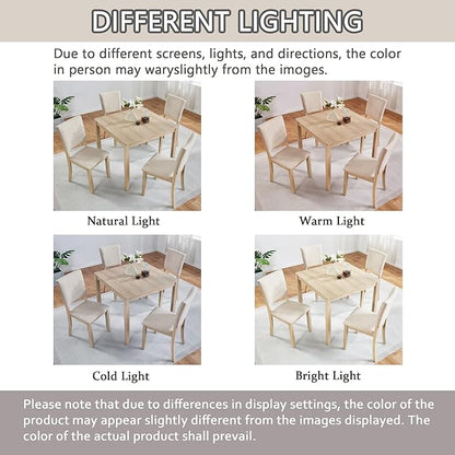 5-Piece Modern Wooden Dining Table Set for 4, Dining Table Set for 4 People with Upholstered Chairs, Square Kitchen Table and Chairs Set for Dining Room and Kitchen, Light Oak + Beige
