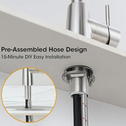 Kitchen Faucet with Pull Down Sprayer, High Arc Single Handle Brushed Nickel Stainless Steel 1 or 3 Hole Faucet for Kitchen Sink, Farmhouse, RV, Laundry, Bar, Outdoor