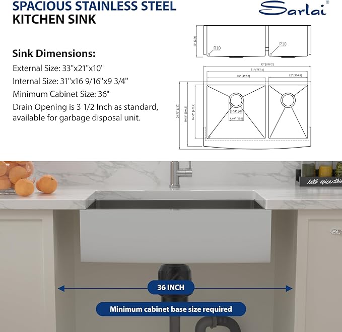 Sarlai 33 Farmhouse Sink Double Bowl- 33x21 Inch Apron Front Kitchen Sink Double Bowl 60/40 Stainless Steel 16 Gauge Round Corner Farm Farmer Kitchen Sinks