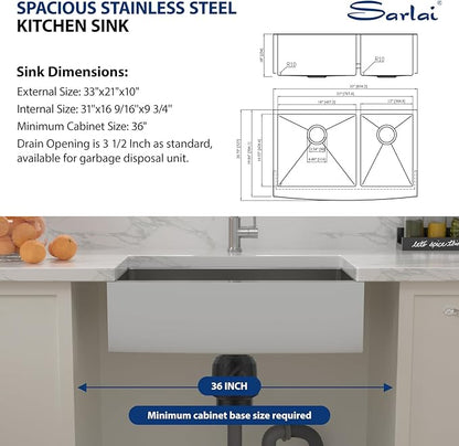 Sarlai 33 Farmhouse Sink Double Bowl- 33x21 Inch Apron Front Kitchen Sink Double Bowl 60/40 Stainless Steel 16 Gauge Round Corner Farm Farmer Kitchen Sinks