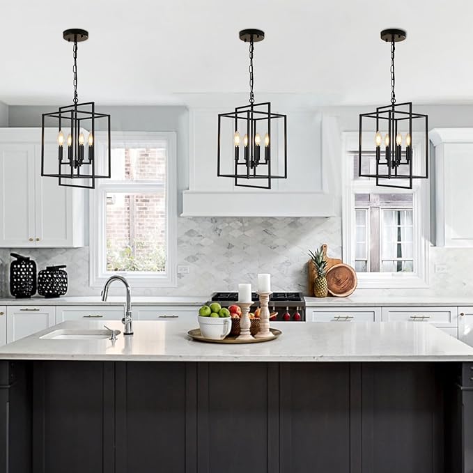 Black Chandelier, 4-Light Modern Farmhouse Foyer Lighting Fixtures, Rustic Geometric Chandeliers for Dining Room, Adjustable Metal Lantern Pendant Light for Stairway Entryway Kitchen Island