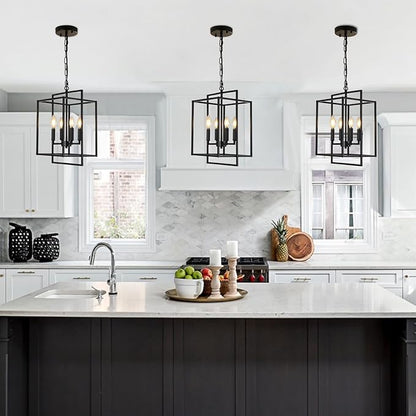 Black Chandelier, 4-Light Modern Farmhouse Foyer Lighting Fixtures, Rustic Geometric Chandeliers for Dining Room, Adjustable Metal Lantern Pendant Light for Stairway Entryway Kitchen Island