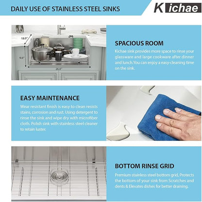 Kichae 26 Inch Undermount Kitchen Sink Single Bowl Stainless Steel Kitchen Sink 26" Under Mount Round Corner Deep Basin 26x18x9 Inch