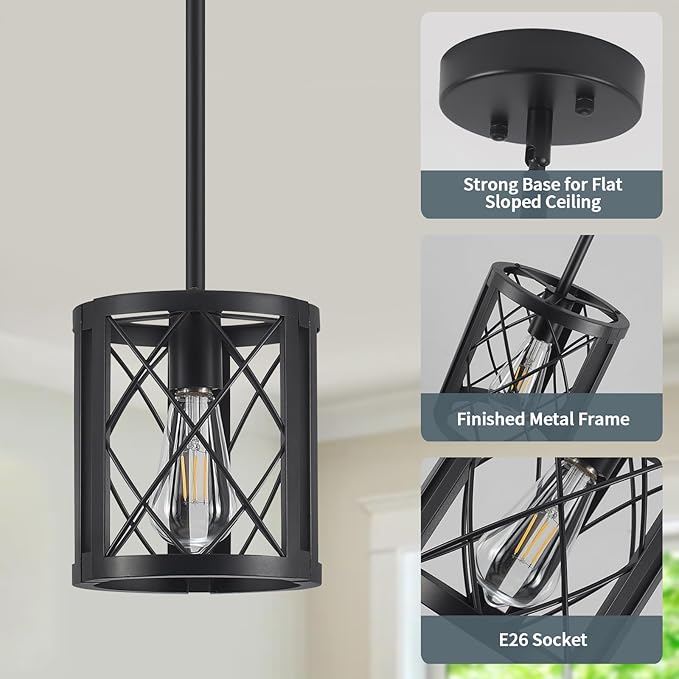Farmhouse Pendant Light for Kitchen Island - Industrial Metal Lantern Black Pendant Lighting Single Hanging Light Fixture with 49.2" Adjustable Rods for Dining Room, Over The Sink, Hallway