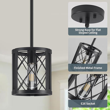 Farmhouse Pendant Light for Kitchen Island - Industrial Metal Lantern Black Pendant Lighting Single Hanging Light Fixture with 49.2" Adjustable Rods for Dining Room, Over The Sink, Hallway