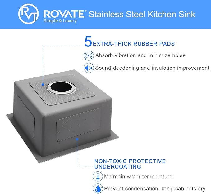 Bar Sink, ROVATE 15 x 15 x 8 inch Bar or Prep Kitchen Sink Undermount, Single Bowl T-304 Stainless Steel Small Sinks Handmade with Strainer