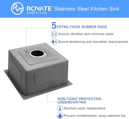 Bar Sink, ROVATE 15 x 15 x 8 inch Bar or Prep Kitchen Sink Undermount, Single Bowl T-304 Stainless Steel Small Sinks Handmade with Strainer