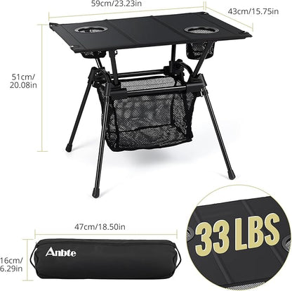 Anbte Ultralight Portable Camping Table, 3.2lb Folding Camping Table with Cup Holders & Storage Net, 20in Height for Camping Hiking Tailgating Beach Picnic Travel Patio, 23" x 16", Black