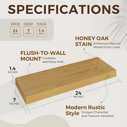 Dreamland 24 Inches Floating Shelves for Wall, 6.7 Inch Deep Floating Shelves Set of 2, Large Display & Storage Shelf, Wall Shelf for Bathroom Bedroom Living Room Kitchen Office,Oak