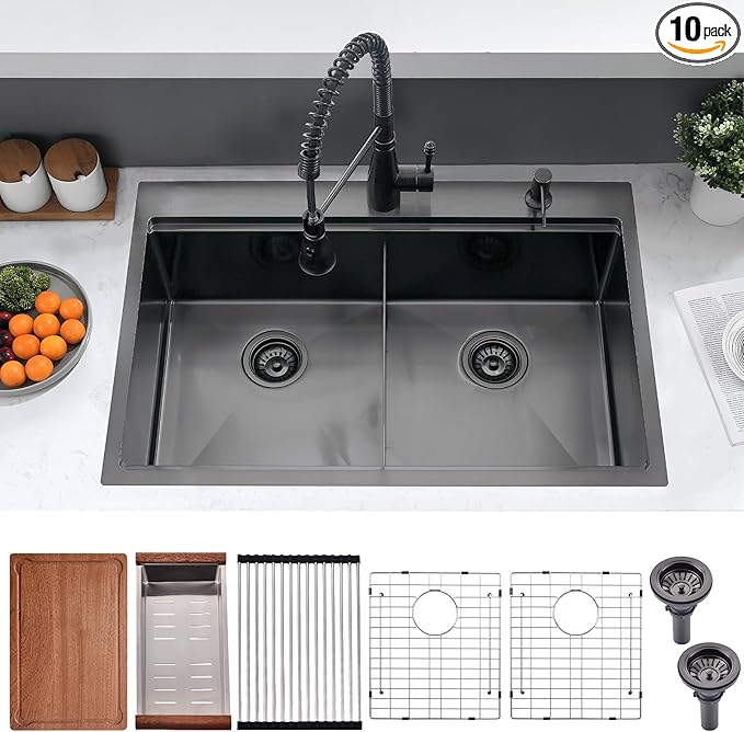 33x22 Black Double Bowl Drop In Kitchen Sink Workstation - 16 Gauge Stainless Steel Workstation Sinks 50/50 Split, Top Mount Drop In Kitchen Sink Double Bowl with Accessories