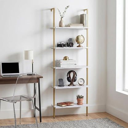 aboxoo Ladder Shelf White Marble Bookshelf 5-Tier Wall-Mounted Wood Rack Industrial Modern Plant Flower Stand Utility Organizer Open Bookcase Metal Frame Furniture Office Kitchen Bedroom