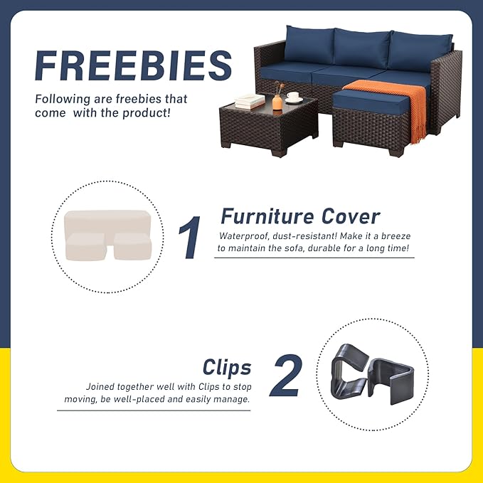 Patio Furniture Set 3 Pieces Outdoor Sectional Sofa Set Wicker Patio Furniture Outdoor Couch Outdoor Ottoman Coffee Table with Storage All-Weather Anti-Slip Cushions Waterproof Covers, Navy Blue