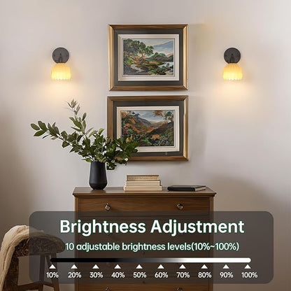 Shenmoyl Vintage Wall Sconce Set of 2 - Rechargeable Battery Powered with Remote Control, Pastel Yellow Tulip Glass Lampshade (5000mAh) for Bedroom/Doorway
