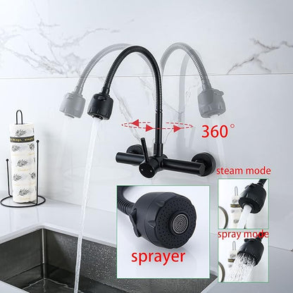 Wall Mount Kitchen Faucet with Sprayer 8“ Center,Matte Black Stainless Steel Sink Mixer Tap, Laundry Utility Faucets with Dual Functionals Sprayer