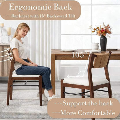RIVOVA Farmhouse Woven Dining Chairs Set of 2 with Weave Paper Rope Back, White Chenille Upholstered Kitchen & Dining Room Chairs with Walnut Wood Legs, Mid-Century Armless Kitchen Side Chair
