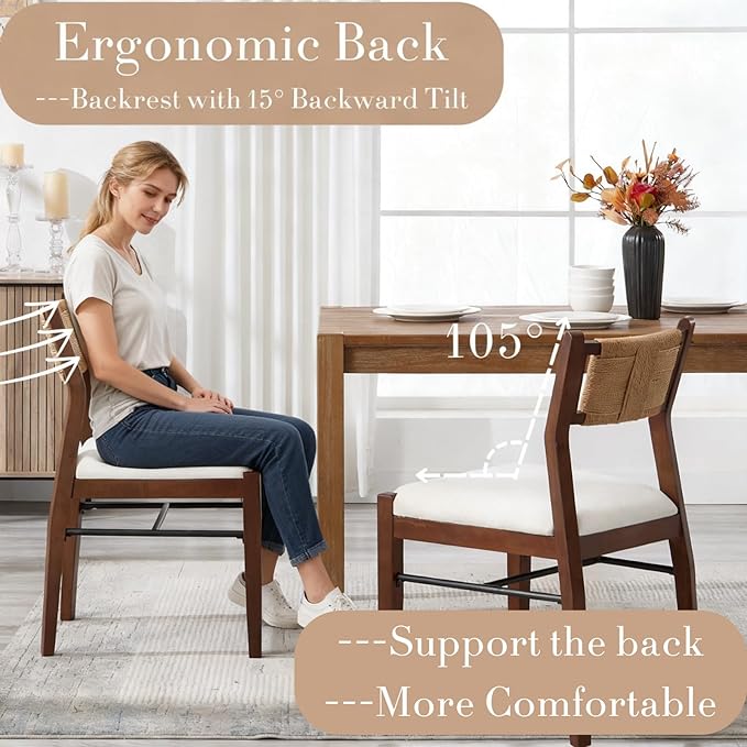 RIVOVA Farmhouse Woven Dining Chairs Set of 6 with Weave Paper Rope Back, White Chenille Upholstered Kitchen & Dining Room Chairs with Walnut Wood Legs, Mid-Century Armless Kitchen Side Chair