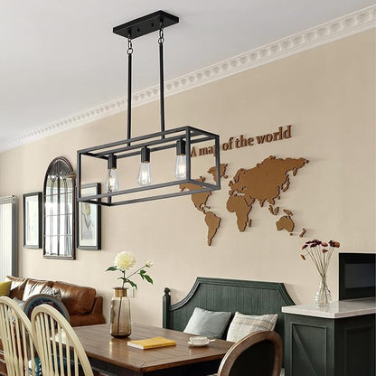 Black Kitchen Island Lighting, Modern Linear Cage Retangular Chandelier, 3 Lights Industrial Metal Hanging Light Fixture for Farmhouse Kitchen Dining Room Bar Foyer