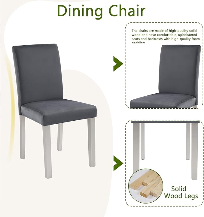 5 Piece Dining Table Set for 4, Square Wooden Kitchen Table with 4 Upholstered Chairs, Elegant Silver Grey Dining Room Set with Crystal Decoration