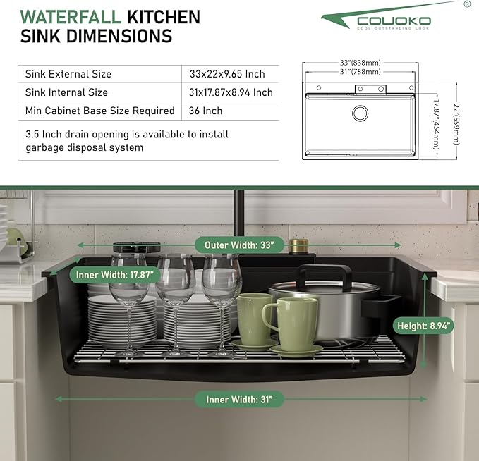 33x22 Drop In Waterfall Kitchen Sink Black 33 Inch Granite Composite Smart Kitchen Sink Multifunction Single Bowl Top Mount Black Multifunctional Waterfall Smart Sinks with Faucet Combo Glass Rinser