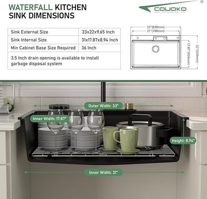 33x22 Drop In Waterfall Kitchen Sink Black 33 Inch Granite Composite Smart Kitchen Sink Multifunction Single Bowl Top Mount Black Multifunctional Waterfall Smart Sinks with Faucet Combo Glass Rinser