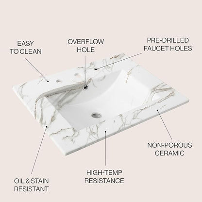 JONATHAN Y SNK1001C Ancillary 3-Hole 24 in. W x 18.25 in. D Classic Contemporary Rectangular Ceramic Single Sink Basin Vanity Top, White Marble Effect