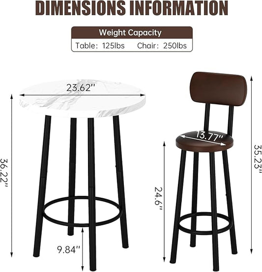 Recaceik Pub Table and Chairs Set of 2, 24" Dining Table Set with 2 PU Leather Upholstered Stools, 3-Piece Round Small Space Kitchen Table Pub Table Set for Apartment Dining Room, Living Room, White