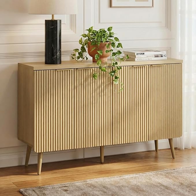 Natual Oak 47.2" Modern Fluted Wood Sideboard – 4-Door Buffet Cabinet with Adjustable Shelves, Multi-Space Storage Credenza for Living Room, Dining Room & Entryway