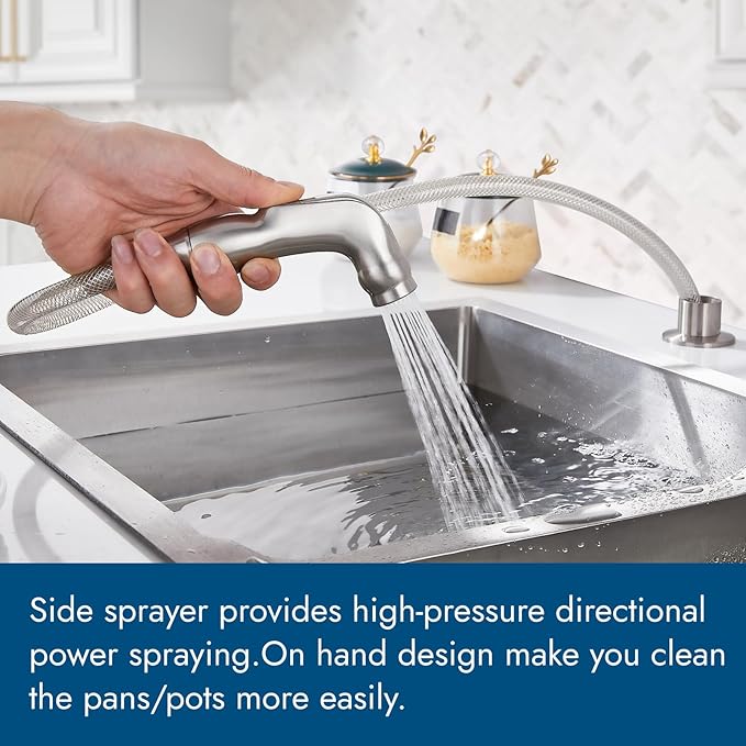 Kitchen Faucets, High Arc 360°Rotating Spout Kitchen Sink Faucet, 2 Handle 8 Inch Centerset RV Kitchen Faucet with Supply Lines, 3 or 4 Hole Kitchen Faucet with Side Sprayer, Brushed Nickel