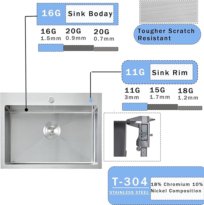 VCCUCINE 22x18 Inch Drop in Kitchen Sink,16 Gauge Topmount RV Small Kitchen Bar Sink, Handmade Stainless Steel Wet Bar Sink, Outdoor Single Bowl, Brushed Nickel Prep Sink with Strainer