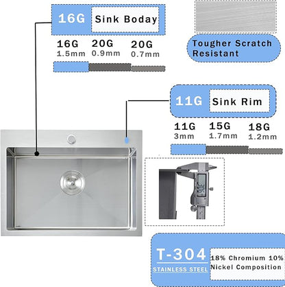 VCCUCINE 22x18 Inch Drop in Kitchen Sink,16 Gauge Topmount RV Small Kitchen Bar Sink, Handmade Stainless Steel Wet Bar Sink, Outdoor Single Bowl, Brushed Nickel Prep Sink with Strainer