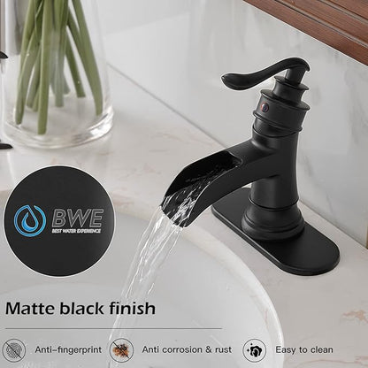 BWE Matte Black Waterfall Bathroom Faucet, Single Handle One Hole Sink Faucet for Farmhouse Bathroom Vanity Basin, Antique Finish Solid Brass Construction