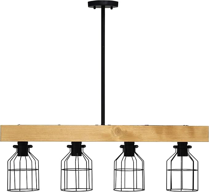 Elegant Designs CH1001-LWD 4 Light Rustic Farmhouse Industrial Wired Cage Pendant Island Light Chandelier, Light Wood