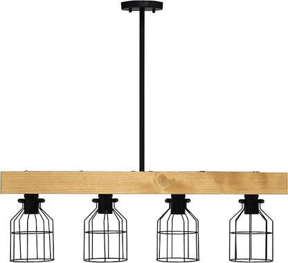 Elegant Designs CH1001-LWD 4 Light Rustic Farmhouse Industrial Wired Cage Pendant Island Light Chandelier, Light Wood