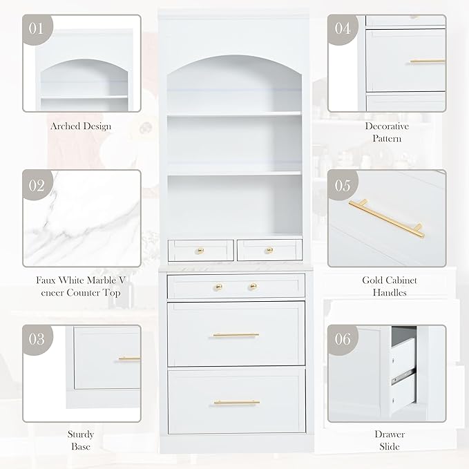 Modern 83.7inch High Kitchen Pantry Freestanding Tall Hutch with Faux Marble Top Display Cupboard with 5 Storage Drawers Practical(White)