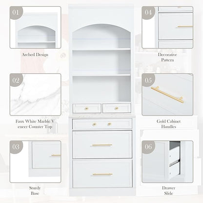 Modern 83.7inch High Kitchen Pantry Freestanding Tall Hutch with Faux Marble Top Display Cupboard with 5 Storage Drawers Practical(White)