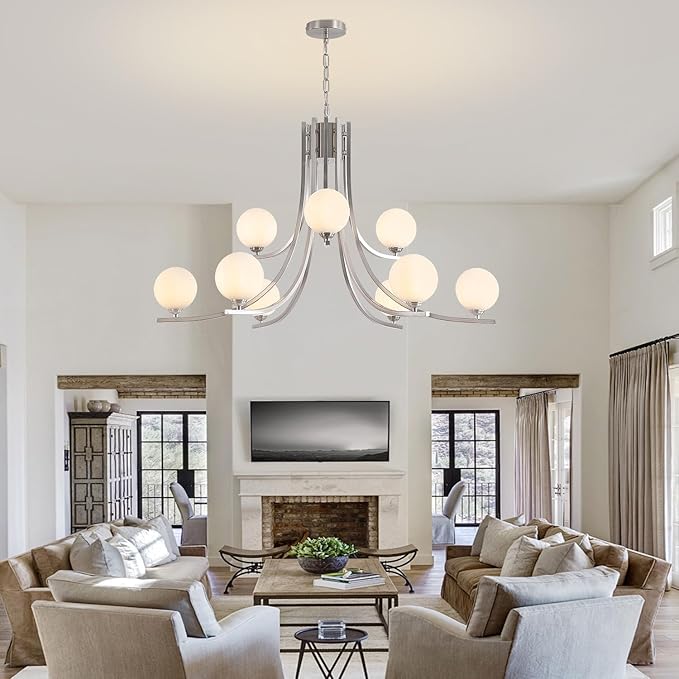 9-Light Nickel Chandelier for Dining Room Lighting Fixtures Hanging,Modern Globe Glass Chandelier, 39" Farmhouse Pendant Lights for Kitchen Island, Living Room