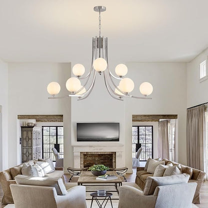 9-Light Nickel Chandelier for Dining Room Lighting Fixtures Hanging,Modern Globe Glass Chandelier, 39" Farmhouse Pendant Lights for Kitchen Island, Living Room