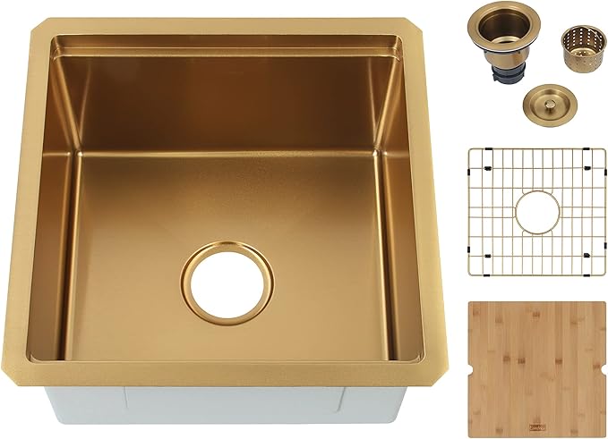 Gold Bar Sink Undermount,Small Bar & Prep Sinks,16 gauge Stainless Steel Bar Sink with Workstation for Wet Bar Area (18" X 18")