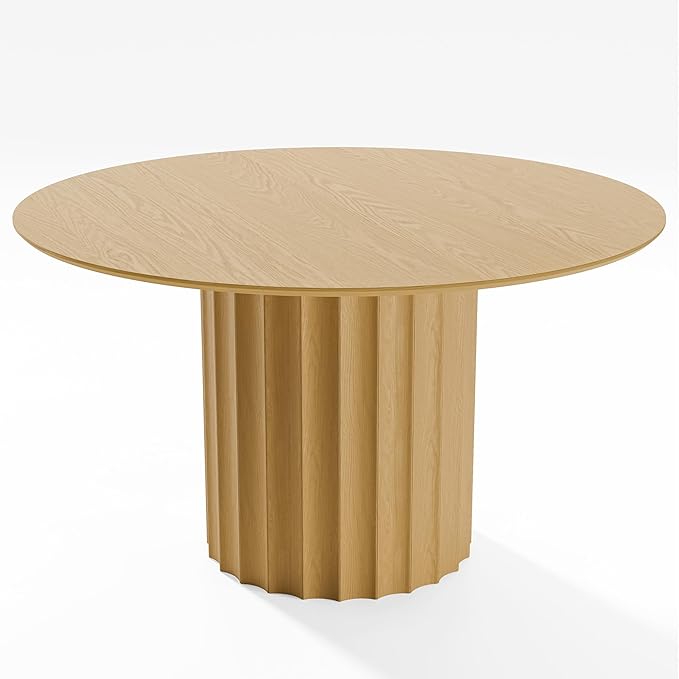 Casaphoria 52" Round Dining Table, Modern Wood Kitchen Table with Cylindrical Wide Bar Concave Base for Living Room & Dining Room, Easy Assembly Farmhouse Furniture for 4-6, Oak