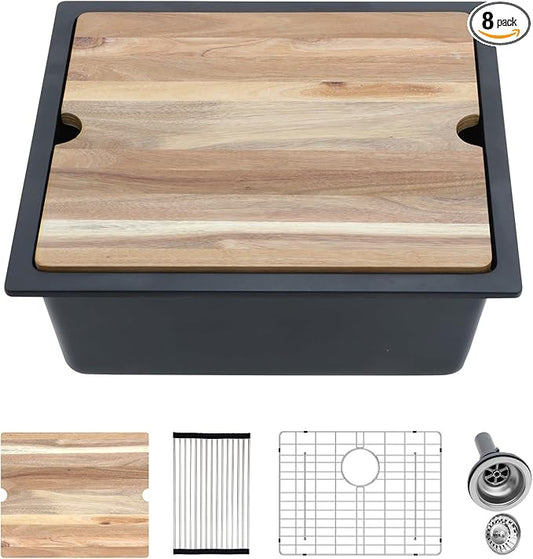 Kichae Black Undermount Bar Sink - 21 x 18 Black Composite Granite Undermount Wet Bar Prep Kitchen Sink