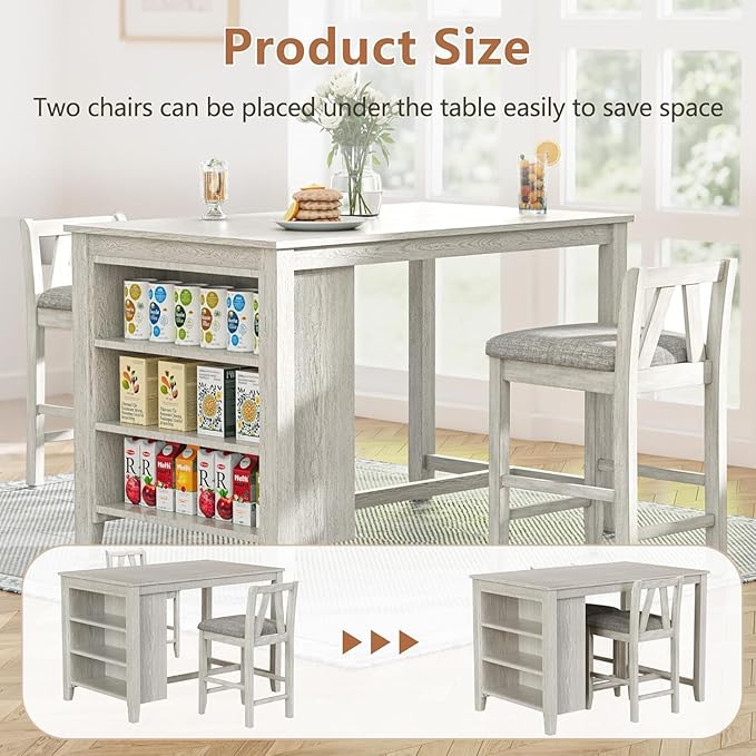 VECELO Solid Wood Dining Table Set with 2 Stools, 47'' Dining Table for 2 with Spacious Tabletop and Side Storage Shelves, for Kitchen Dining Room, Grey