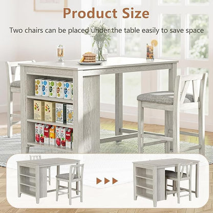 VECELO Solid Wood Dining Table Set with 2 Stools, 47'' Dining Table for 2 with Spacious Tabletop and Side Storage Shelves, for Kitchen Dining Room, Grey