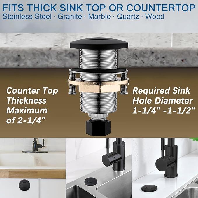 BESTILL Garbage Disposal Air Switch Kit - All Metal, UL Listed Long Push Button for Waste Disposer, Single Outlet Sink Top Solid Brass Air On/Off Button, Matte Black