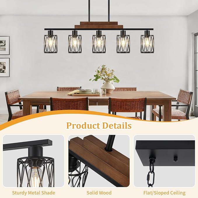 5-Light Farmhouse Kitchen Island Lighting Dining Room Light Fixture Over Table Matte Black Rustic Wood Hanging Kitchen Chandelier with Metal Shade Adjustable Height Pendant Lights for Dining Room